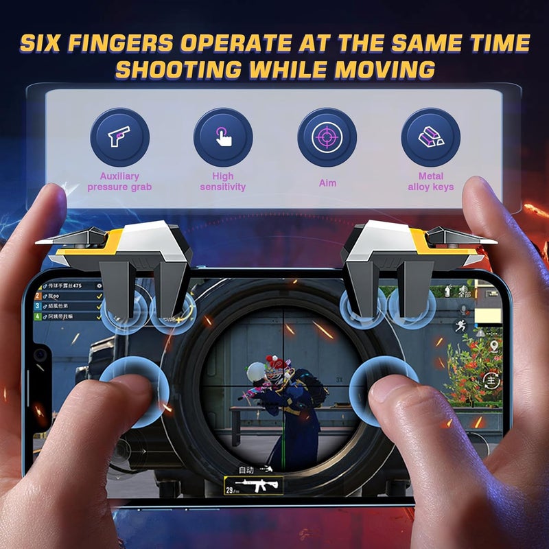 EasEasy PUBG Game Trigger, Mobile Phone Controller Compatible for PUBG/Rules of Survival/Knives Out, 6 Fingers Trigger with Sensitive Aim and Shoot Smartphone Joystick for iPhone & Android-Yellow - Image 2